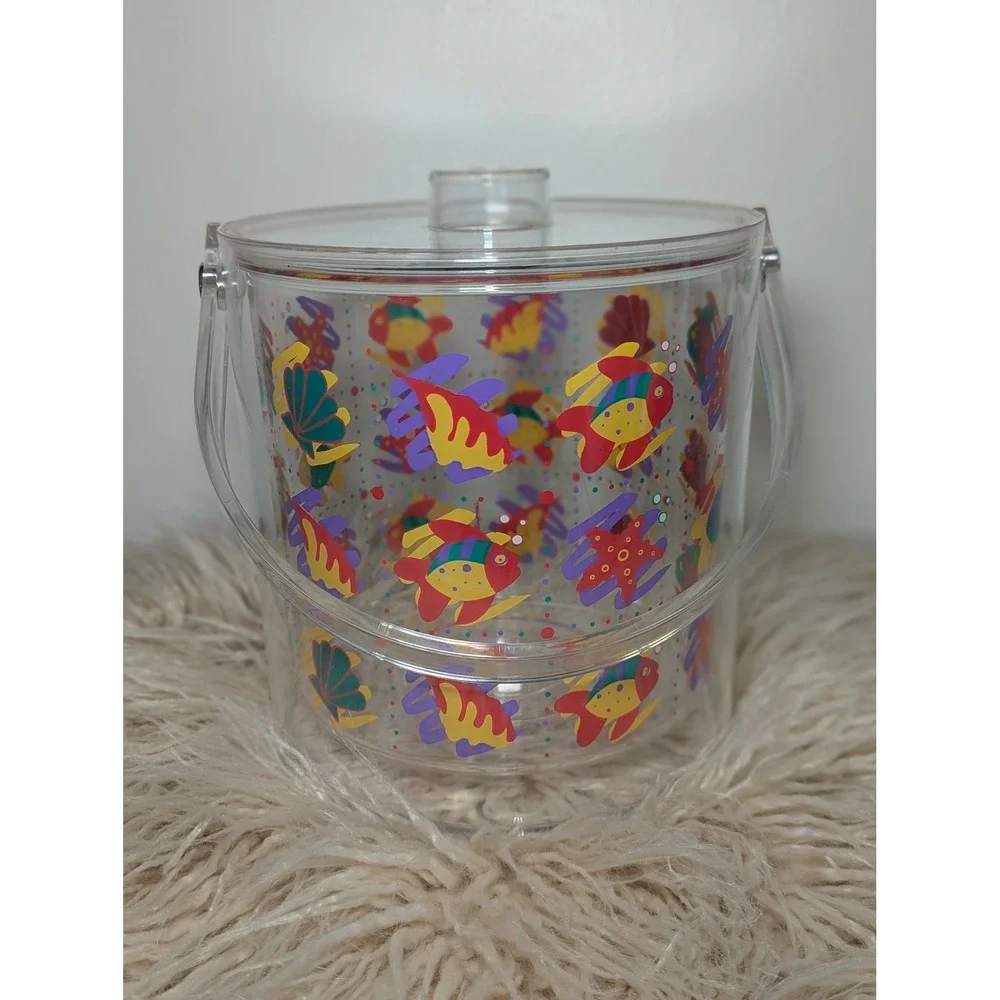 Vintage 90s Clear Ice Bucket Tropical Fish Retro Beach Party With‎ Lid